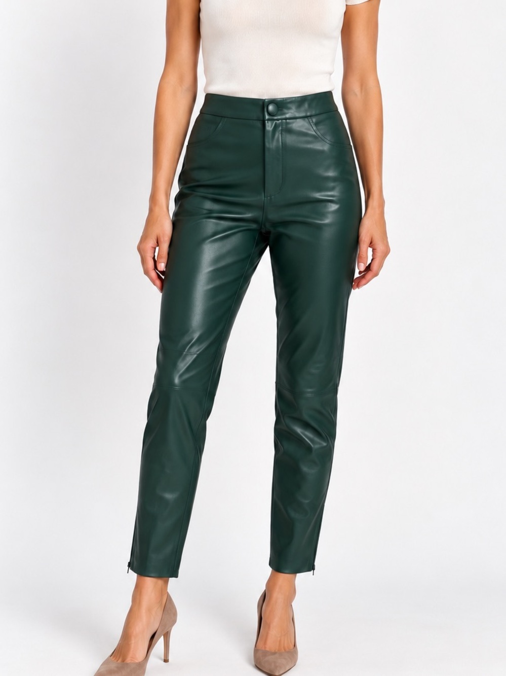 ZARA Forest Green Faux Leather Ankle-Zip Pants Large